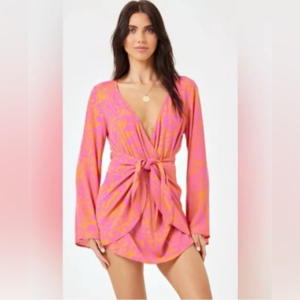 L Space Kristy Long Sleeve Faux-Wrap Cover-Up Dress Path To Paradise